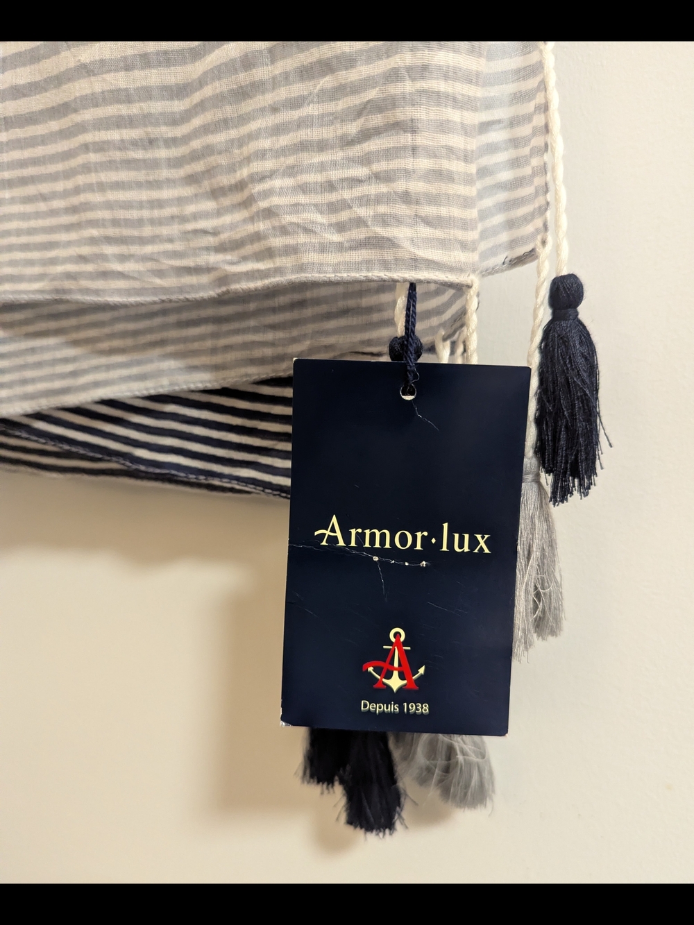 Armor Lux Navy and Cream Striped Scarf with Tassels